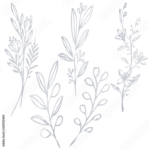 Silver freehand flower branches. Illustration of a flower on a white background.