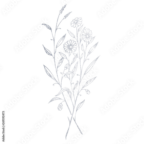 A hand-drawn silver flower bouquet. Illustration of a flower on a white background.