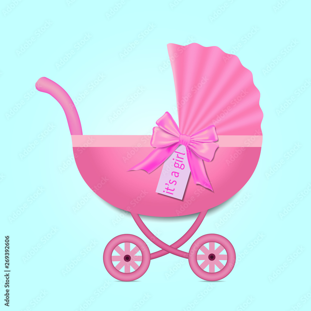 Greeting card with stroller for a girl on Baby Shower. Pink Stroller with a bow. Vector illustration eps 10 Greeting card with stroller for a girl on Baby Shower. Pink Stroller with a bow. Vector illustration eps 10