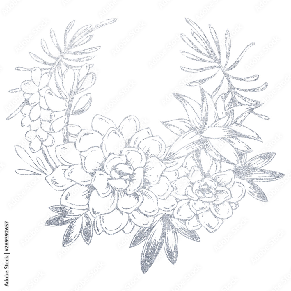 Round wreath of flowers drawn by hand in silver. Illustration of a flower on a white background Round wreath of flowers drawn by hand in silver. Illustration of a flower on a white background