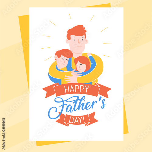 Fathers Day postcard template with red dad, hugging his son and daughter for web and printing. Happy Father's Day vertical poster. Modern dad celebration. Daddy loving and taking care of his children.