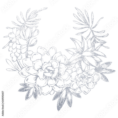 Round wreath of flowers drawn by hand in silver. Illustration of a flower on a white background