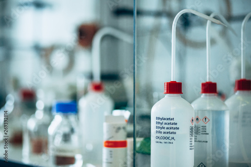 Plastic bottles of chemicals in a laboratory