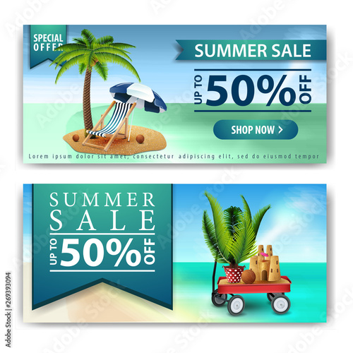 Summer sale, two horizontal discount banners for your business with palm tree, beach chair, beach umbrella, garden cart with sand, sand castle and potted palm