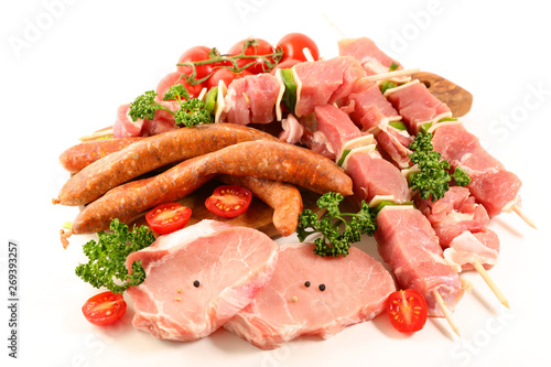 assorted of raw meats, sausage, beef, pork and skewer isolated on white background