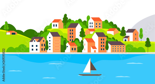 City landscape with buildings, lakeand trees. Background for header images for websites, banners, covers and etc.