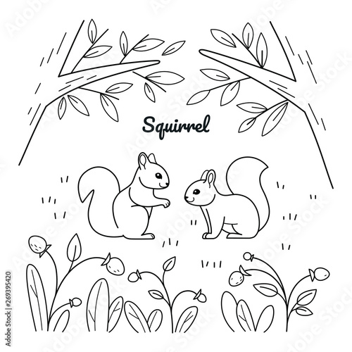 Good squirrel sitting in forest. Coloring book for kids. Cartoon vector illustration for prints, posters, t-shorts and postcards.