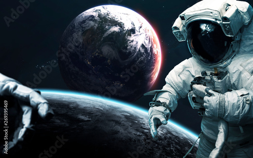 Fototapeta Naklejka Na Ścianę i Meble -  View of Earth planet from moon. Astronauts in space. Elements of this image furnished by NASA
