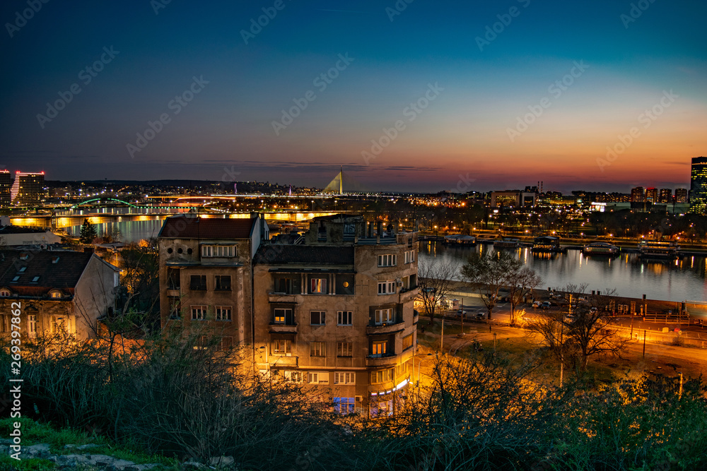Night view of new buildings in Belgrade, where new and old are connected,view from kalemegdan fortress