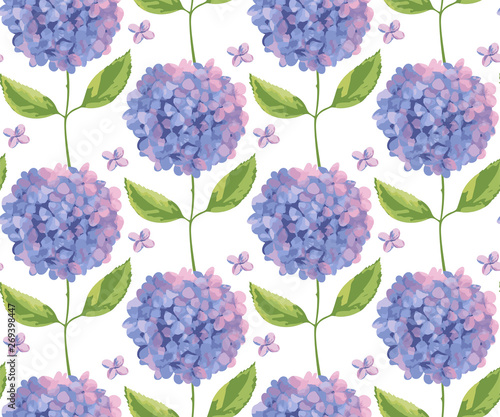Japanese style background. Vector Hydrangea round bouquet seamless pattern. Floral stock vector illustration