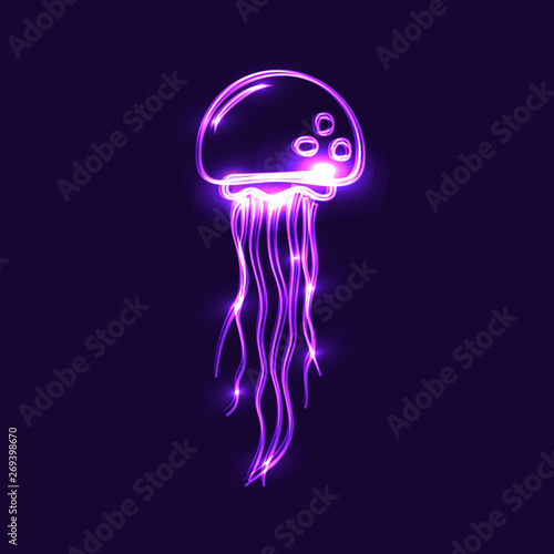 Jellyfish neon vector icon on dark background