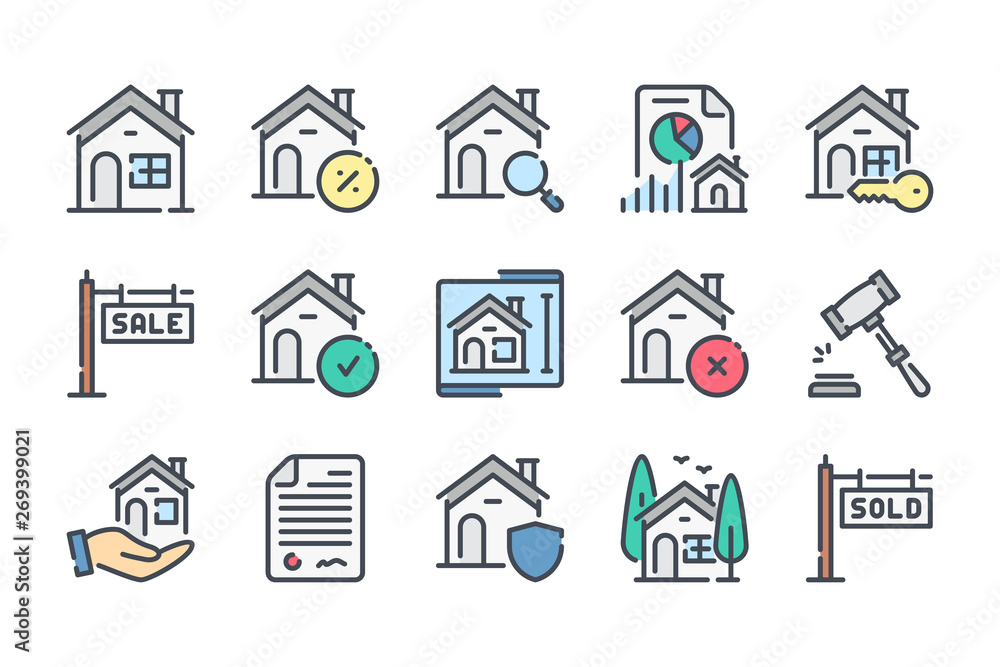 Real Estate color line icon set. Building and house linear icons. Mortgage colorful outline vector sign collection. Real Estate color line icon set. Building and house linear icons. Mortgage colorful outline vector sign collection.