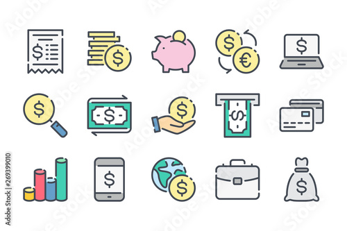 Money and payment color line icon set. Finance and banking linear icons. Investment colorful outline vector sign collection.