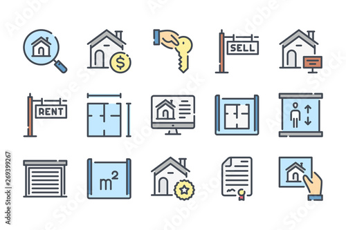 Real Estate related color line icon set. Apartment and private property linear icons. Residential colorful outline vector sign collection.