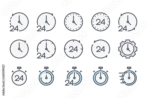 Clock and time related color line icon set. Watch and stopwatch linear icons. Countdown colorful outline vector sign collection. © NikWB