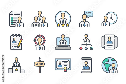 Recruitment and Head Hunting related color line icon set. Candidate and interview linear icons. Job organization colorful outline vector sign collection.