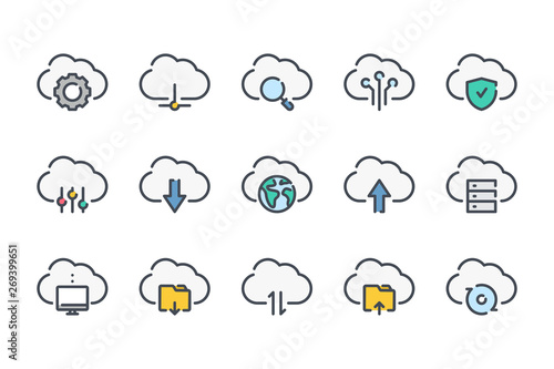 Cloud service and technology related color line icon set. Online storage platform linear icons. Cloud network and data service colorful outline vector sign collection.