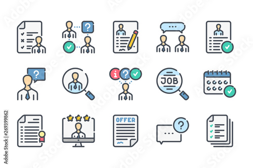 Interview related color line icon set. Job offer and employment linear icons. Career and recruitment colorful outline vector sign collection.
