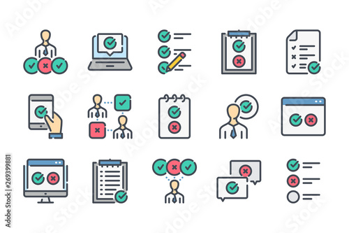 Survey related color line icon set. Quiz and feedback report linear icons. Checklist colorful outline vector sign collection.