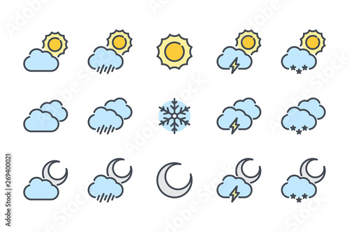 Weather related color line icon set. Forecast linear icons. Meteorology colorful outline vector sign collection.