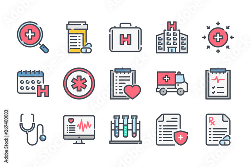 Medical care related color line icon set. Medicine, hospital and medical service linear icons. Medicine colorful outline vector sign collection.