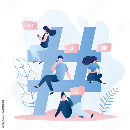 Big hashtag sign and different people with smartphones,characters with gadgets