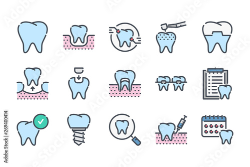 Dentistry related color line icon set. Dentist and stomatology linear icons. Stomatology colorful outline vector sign collection.
