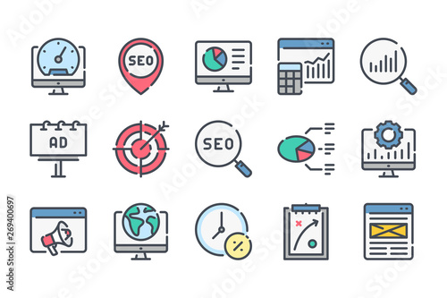 Search Engine Optimization related color line icon set. Business and marketing linear icons. SEO colorful outline vector sign collection.