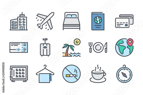 Travel and tourism related color line icon set. Vacation linear icons. World trip colorful outline vector sign collection.
