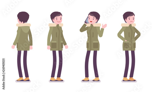 Parka woman standing with phone. Young lady in green windproof jacket with hood, cold weather city female outfit. Vector flat style cartoon illustration isolated on white background, front, rear view