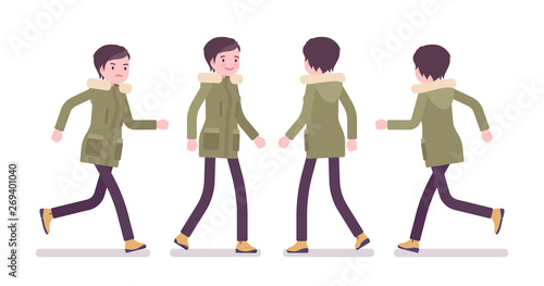 Parka woman running. Young lady wearing green windproof jacket with a hood, cold weather city female outfit. Vector flat style cartoon illustration isolated on white background, front, rear view