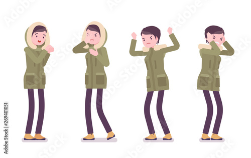 Parka woman in negative emotions. Young angry lady wearing green windproof jacket with a hood, cold weather city female outfit. Vector flat style cartoon illustration isolated on white background