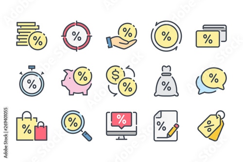 Financial interest related color line icon set. Debt and loan linear icons. Credit and lending money colorful outline vector sign collection.