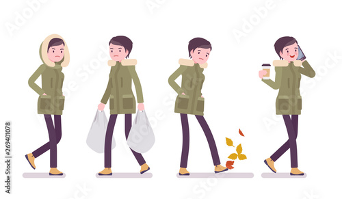 Parka woman in autumn affairs. Young lady wearing green windproof fall jacket with a hood, cold weather city female outfit. Vector flat style cartoon illustration isolated on white background