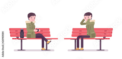 Parka woman sitting on a park bench. Young lady wearing green windproof fall jacket with a hood, cold weather city female outfit. Vector flat style cartoon illustration isolated on white background
