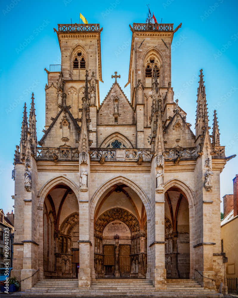 Huge panorama of the architecture of the Semur cathedral in Burgundy
