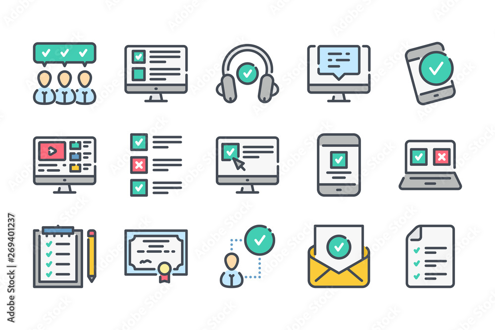 Online Education related color line icon set. E-learning and testing linear icons. Exam and quiz colorful outline vector sign collection. Online Education related color line icon set. E-learning and testing linear icons. Exam and quiz colorful outline vector sign collection.