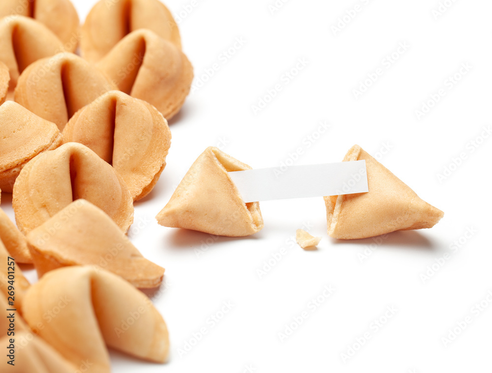 Chinese fortune cookies. Cookies with empty blank inside for prediction words. Isolated on white background. Chinese fortune cookies. Cookies with empty blank inside for prediction words. Isolated on white background.