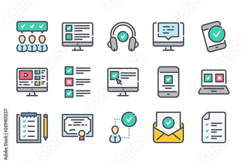 Online Education related color line icon set. E-learning and testing linear icons. Exam and quiz colorful outline vector sign collection.