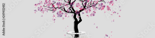 Spring landscape with abstract blooming tree. Spring horizontal banner with place for inscription. Watercolor imitation. Cherry tree or peach tree isolated on grey background. Vector, EPS 10