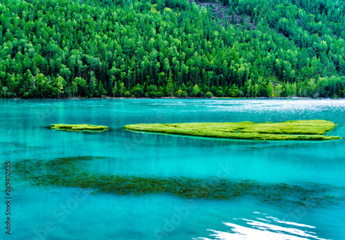 beautiful Kanas Lake Wolong Bay in summer，Altay, Xinjiang, China photo