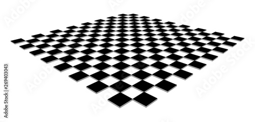 Checkerboard, chessboard, checkered plane in angle perspective. Tilted, vanishing empty floor. 3d black squares isolated on white background.