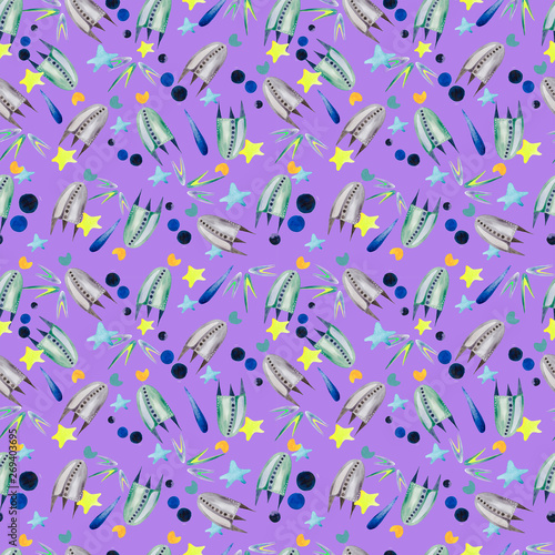 Seamless watercolor pattern. Watercolor illustration of space objects. . The picture is drawn by hand. Design greeting cards, covers, fabrics, Wallpapers, background, textiles, clothing. Children's 