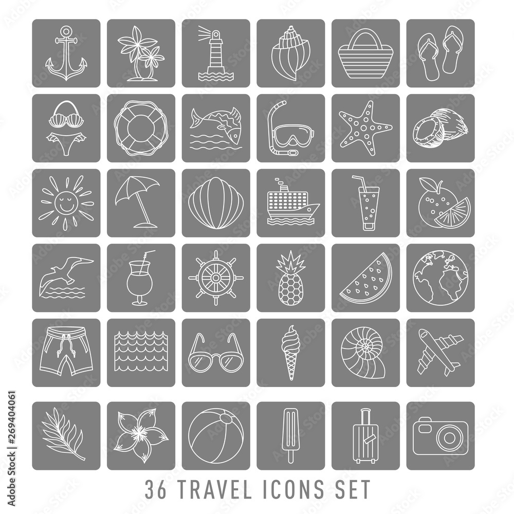summer Set of 36 travel icons, thin line style, vector illustration Outline Holiday. black sketch