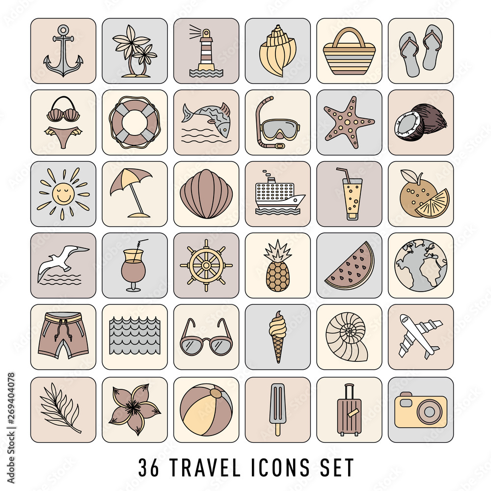 summer Set of 36 travel icons, thin line style, vector illustration Outline Holiday. sketch
