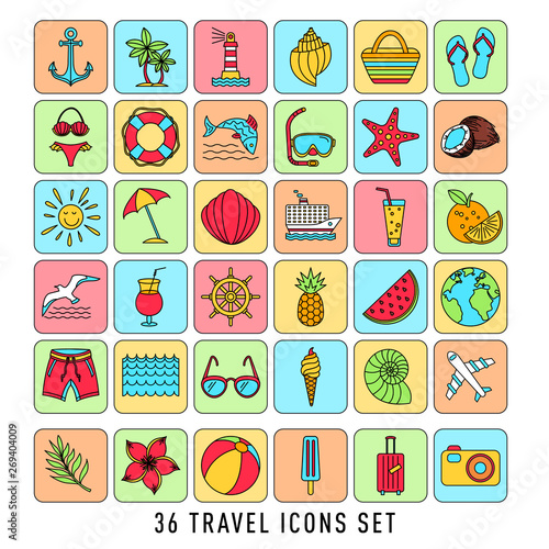 summer Set of 36 travel icons, thin line style, vector illustration Outline Holiday. color sketch