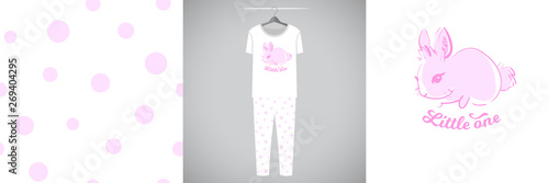 Seamless dot pattern and illustration for kid with rabbit and quote Little one. Cute design pajamas on hanger. Baby background for clothes, room birthday decor, t-shirt print, kids wear fashion