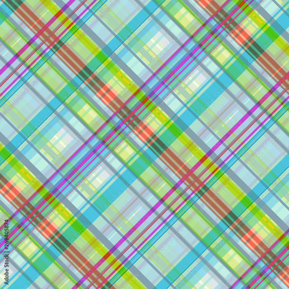 Checkered seamless pattern of light blue, orange, yellow green and purple stripes, oblique cell, tartan, vector. Checkered seamless pattern of light blue, orange, yellow green and purple stripes, oblique cell, tartan, vector.