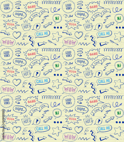 Doodle style seamless pattern with speech bubbles, line paper