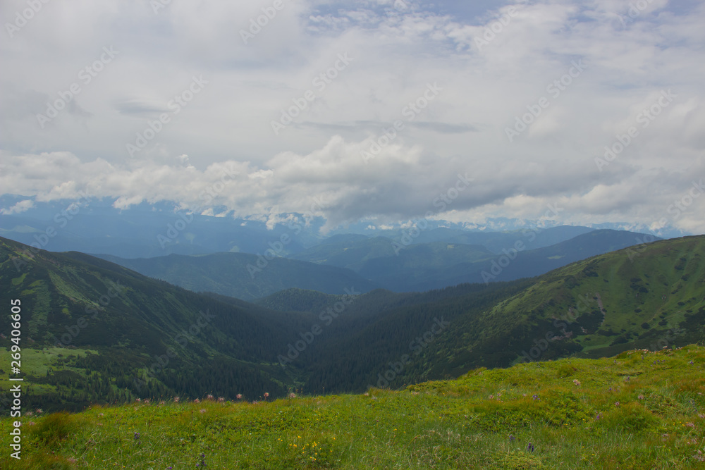 Naklejka premium Hiking with a tent through Petros to Hoverla, Lake Nesamovite, Mount Pop Ivan Observatory.